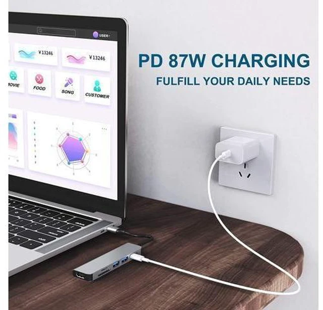 Alt view image 11 of 14 - 6 Ports USB C Hub Adapter, USB C Docking Station with HDMI 4k, USB 3.0, 87W Power Delivery, SD/TF Card Slots, for MacBook Series