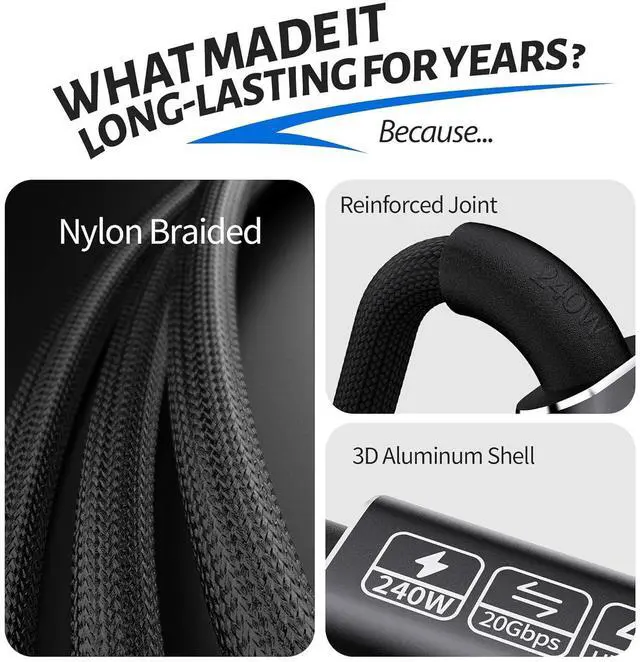 Alt view image 9 of 14 - USB-C Cable - 4K Video & Power 3.2 Gen 2 20Gbps 240W PD Fast Charging 6.6FT Black