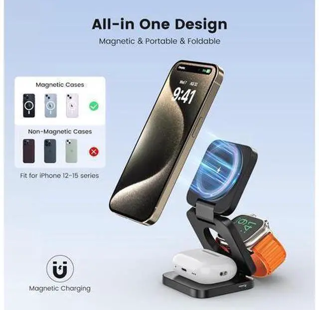 Alt view image 9 of 14 - 3 in 1 Charging Station for Apple, Mag-Safe Portable Charger Dock, Foldable Travel Charger for Apple Multiple Devices, Wireless Charger for iPhone 15 14 13 12, for Apple Watch, for