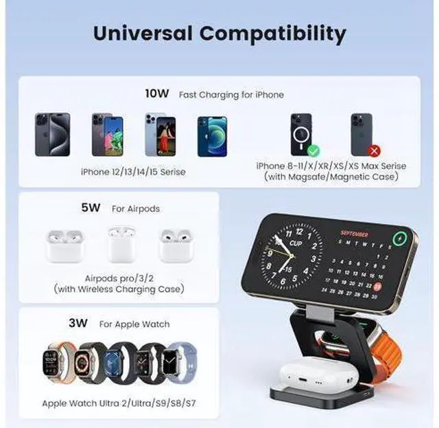 Alt view image 10 of 14 - 3 in 1 Charging Station for Apple, Mag-Safe Portable Charger Dock, Foldable Travel Charger for Apple Multiple Devices, Wireless Charger for iPhone 15 14 13 12, for Apple Watch, for