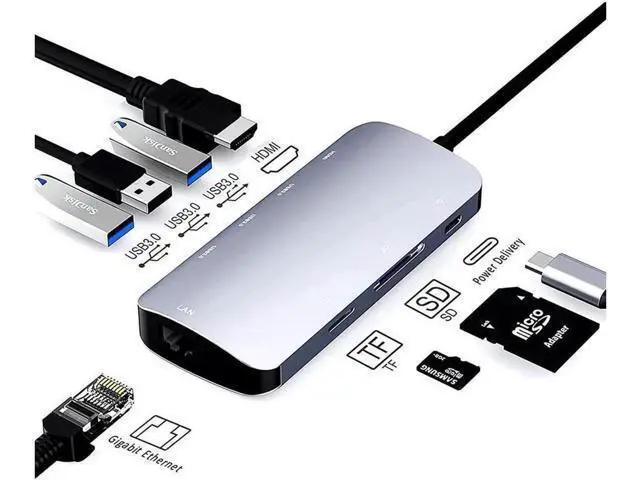 Alt view image 7 of 12 - USB C Hub Ethernet Port USB C Adapter GIGABIT 1000M Rj45 8in1 multiport 60W Fast charging-4K HD-MI to 5Gbps Data Transfer,SD/TF, USB C Hub_Flat