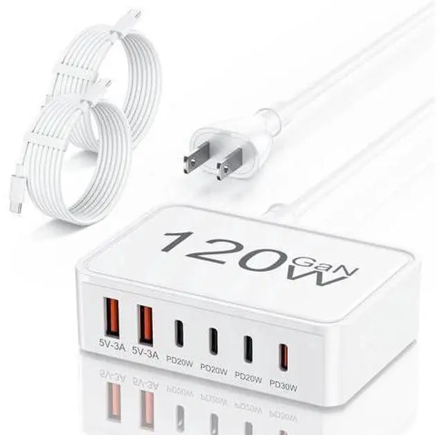 Alt view image 8 of 14 - USB C Charger Block 120W GaN 6-Port Charging Station 5FT Cord Type C Charger Fast Charging for iPhone 17/16/15/14 iPad Galaxy Pixel etc