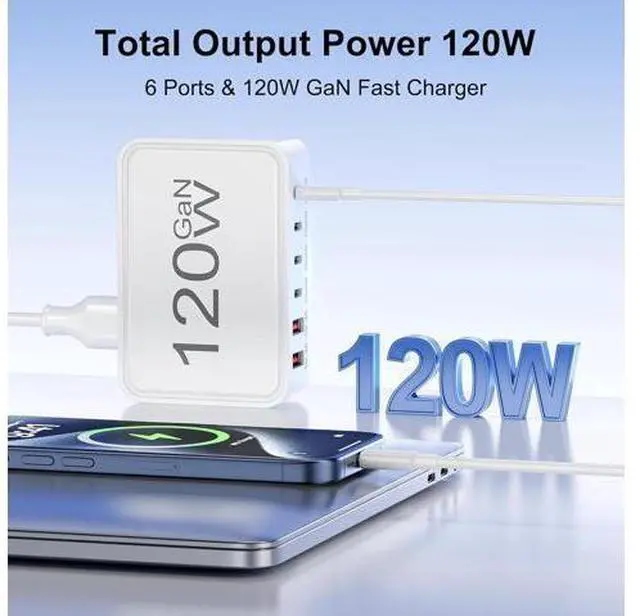 Alt view image 9 of 14 - USB C Charger Block 120W GaN 6-Port Charging Station 5FT Cord Type C Charger Fast Charging for iPhone 17/16/15/14 iPad Galaxy Pixel etc