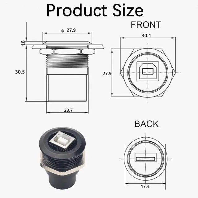 Alt view image 12 of 14 - 2PCS Panel Mount USB B to USB A Connector for Printer Threaded Fixed Female USB 2.0 Converter Adapter for HP Canon Epson Lexmark Xerox and More