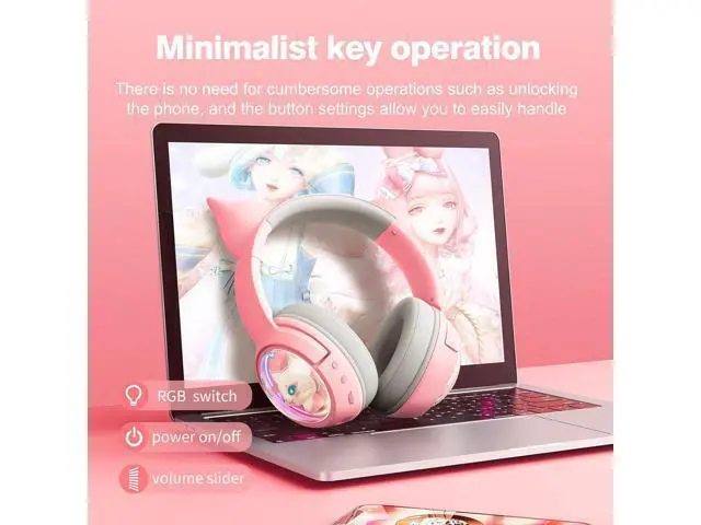 Alt view image 11 of 14 - PHNIXGAM Cute Cat Bluetooth Headphones, Wireless & Wired Mode Headset with Mic, RGB LED Light, for Girls Women School Gaming, Compatible with Mobile Phones Tablet
