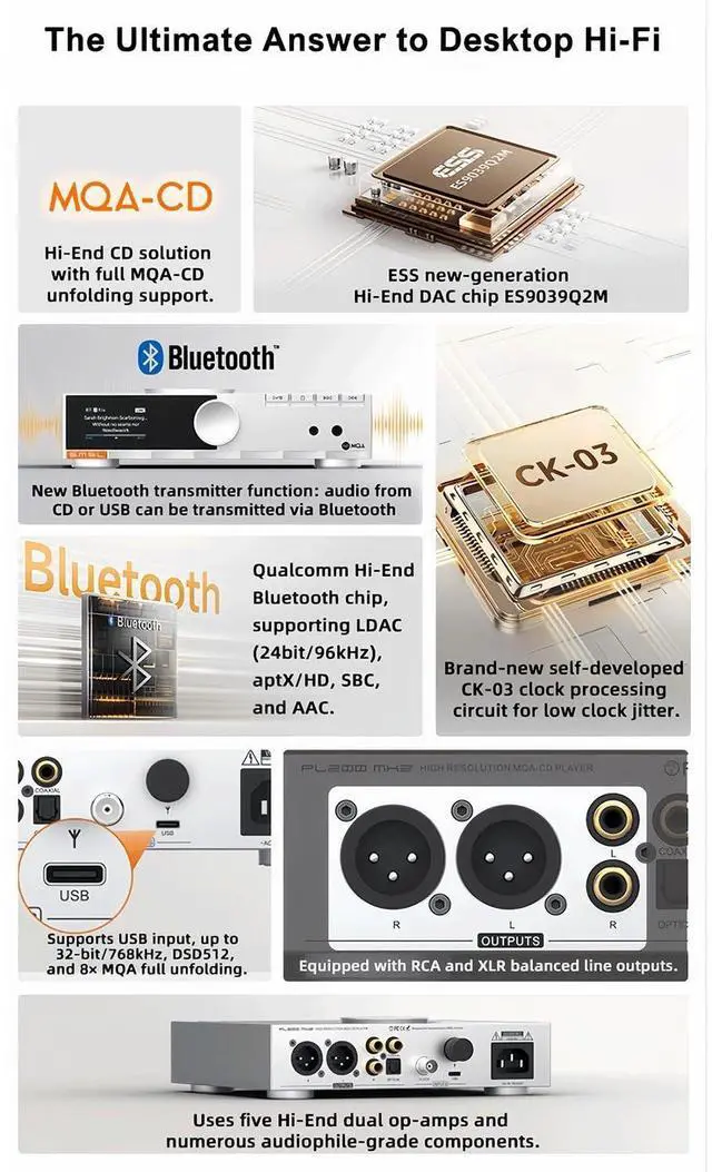 Alt view image 10 of 14 - SMSL PL200 MK2 MQA-CD Player,All-in-One CD Player, DAC & HP AMP, Hi-End DAC chip ES9039Q2M, Bluetooth transmitter, Seamless Playback,32-bit/768kHz DSD512,USB/BT/CD input, RCA/XLR/HP/COAX/OPT/BT output