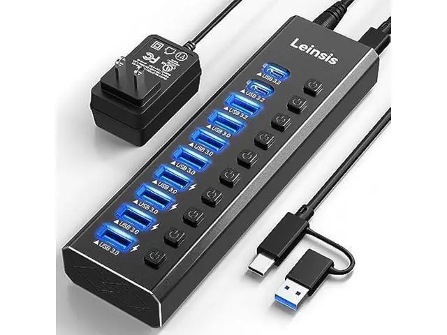 Alt view image 6 of 10 - Powered USB Hub 3.2, LEINSIS 10-Port USB 3.2/USB C Hub (10Gbps USB-A 3.2 +2 USB-C 3.2 +7 USB 3.0 Ports) with Individual On/Off Switches and 12V Power Adapter, Aluminum USB Hub Powered for Laptop PC