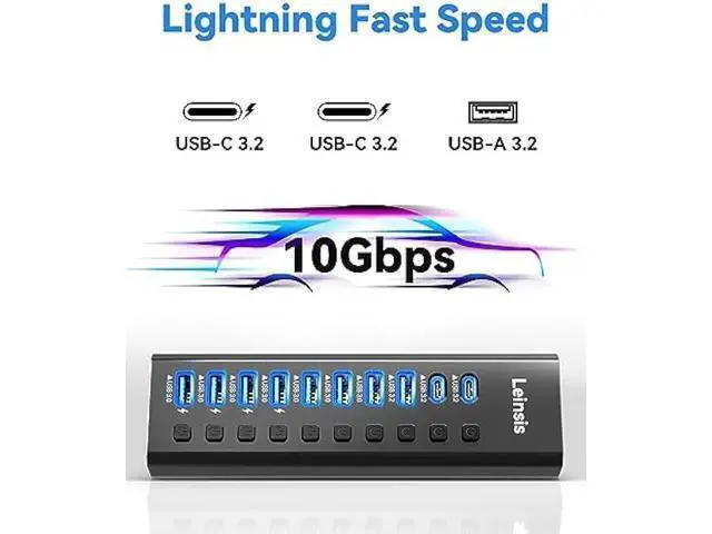 Alt view image 7 of 10 - Powered USB Hub 3.2, LEINSIS 10-Port USB 3.2/USB C Hub (10Gbps USB-A 3.2 +2 USB-C 3.2 +7 USB 3.0 Ports) with Individual On/Off Switches and 12V Power Adapter, Aluminum USB Hub Powered for Laptop PC