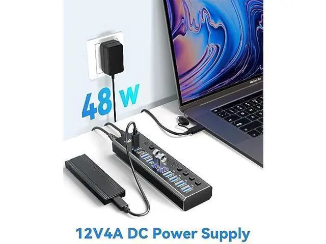 Alt view image 8 of 10 - Powered USB Hub 3.2, LEINSIS 10-Port USB 3.2/USB C Hub (10Gbps USB-A 3.2 +2 USB-C 3.2 +7 USB 3.0 Ports) with Individual On/Off Switches and 12V Power Adapter, Aluminum USB Hub Powered for Laptop PC