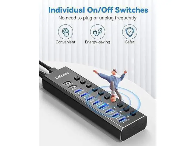 Alt view image 9 of 10 - Powered USB Hub 3.2, LEINSIS 10-Port USB 3.2/USB C Hub (10Gbps USB-A 3.2 +2 USB-C 3.2 +7 USB 3.0 Ports) with Individual On/Off Switches and 12V Power Adapter, Aluminum USB Hub Powered for Laptop PC