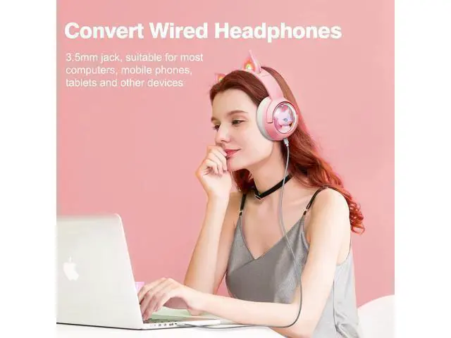 Alt view image 14 of 14 - PHNIXGAM Cute Cat Bluetooth Headphones, Wireless & Wired Mode Headset with Mic, RGB LED Light, for Girls Women School Gaming, Compatible with Mobile Phones Tablet