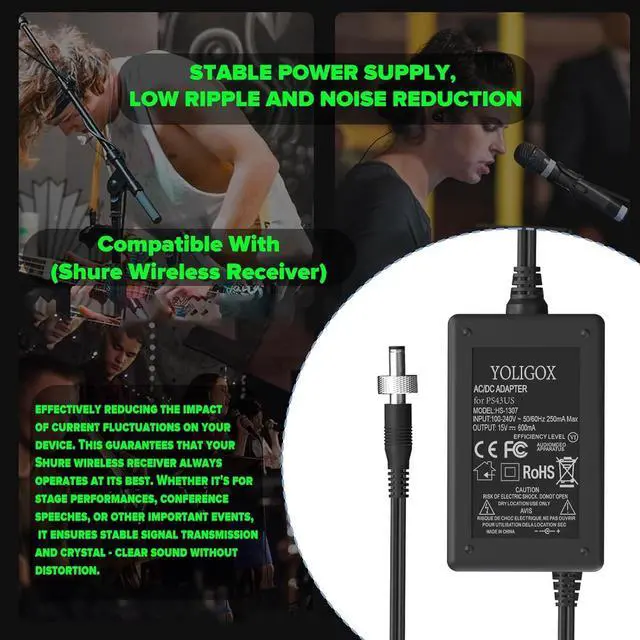 Alt view image 12 of 14 - 15V AC Adapter Compatible with Shure PS43US in-Line Power Cord for GLX4 and ULX4 Wireless Receivers.