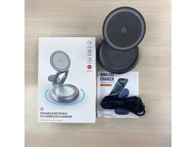 Alt view image 7 of 12 - 15W 3 in 1 Foldable Magnetic Wireless Charging Station 360 Rotation Fast Charging Stand for Phone Earbuds Smart Watch Gray