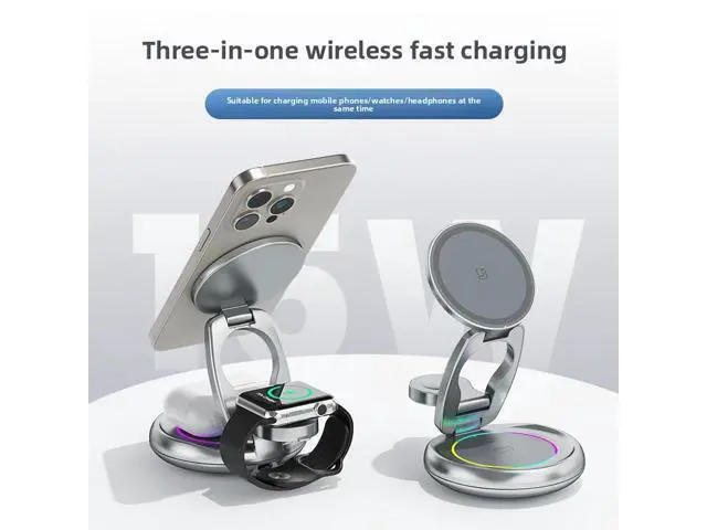 Alt view image 8 of 12 - 15W 3 in 1 Foldable Magnetic Wireless Charging Station 360 Rotation Fast Charging Stand for Phone Earbuds Smart Watch Gray