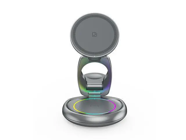Alt view image 9 of 12 - 15W 3 in 1 Foldable Magnetic Wireless Charging Station 360 Rotation Fast Charging Stand for Phone Earbuds Smart Watch Gray