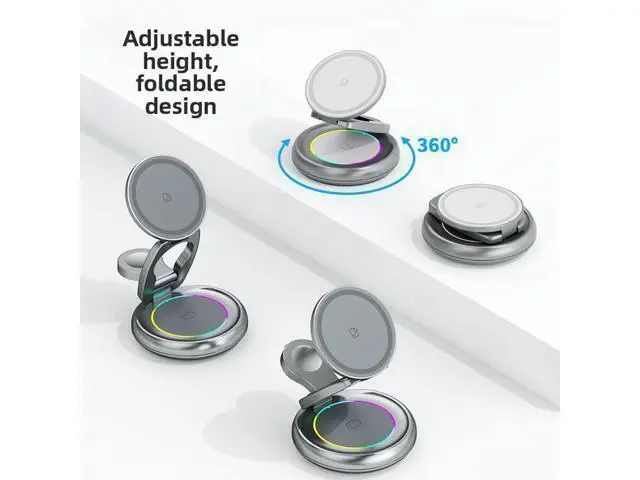 Alt view image 11 of 12 - 15W 3 in 1 Foldable Magnetic Wireless Charging Station 360 Rotation Fast Charging Stand for Phone Earbuds Smart Watch Gray