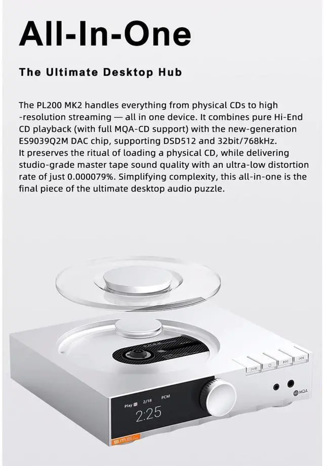 Alt view image 11 of 14 - SMSL PL200 MK2 MQA-CD Player,All-in-One CD Player, DAC & HP AMP, Hi-End DAC chip ES9039Q2M, Bluetooth transmitter, Seamless Playback,32-bit/768kHz DSD512,USB/BT/CD input, RCA/XLR/HP/COAX/OPT/BT output
