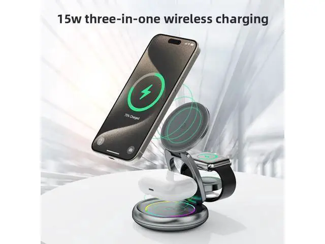 Alt view image 12 of 12 - 15W 3 in 1 Foldable Magnetic Wireless Charging Station 360 Rotation Fast Charging Stand for Phone Earbuds Smart Watch Gray