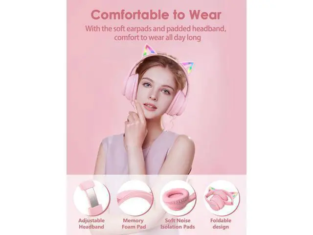 Alt view image 13 of 14 - ONITOON Cat Ear Bluetooth Headphones with Micphone for Kids & Adults, LED Light Up Wireless HI-FI Sound Quality, Over-Ear Headphones with Volume Control for iPhone/iPad/Laptop/PC(55H Play Time)