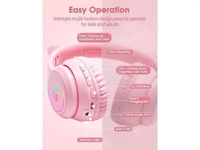 Alt view image 14 of 14 - ONITOON Cat Ear Bluetooth Headphones with Micphone for Kids & Adults, LED Light Up Wireless HI-FI Sound Quality, Over-Ear Headphones with Volume Control for iPhone/iPad/Laptop/PC(55H Play Time)