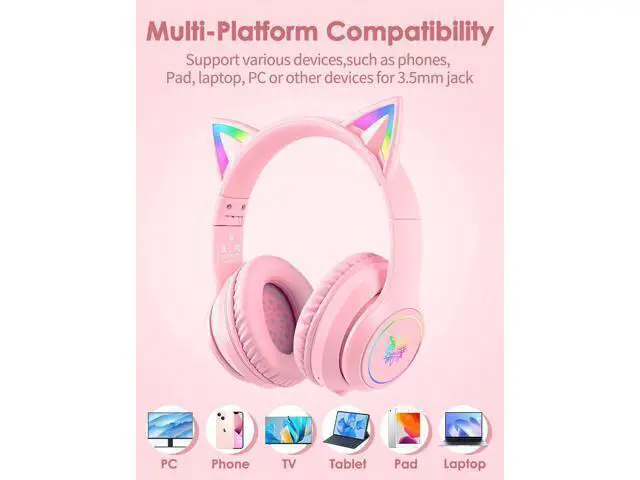 Alt view image 12 of 14 - ONITOON Cat Ear Bluetooth Headphones with Micphone for Kids & Adults, LED Light Up Wireless HI-FI Sound Quality, Over-Ear Headphones with Volume Control for iPhone/iPad/Laptop/PC(55H Play Time)