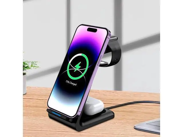 Alt view image 5 of 7 - 3-in-1 Magnetic Wireless Charger Fast Charging Dock for iPhone Watch & AirPods Foldable Stand with USB-C Cable (Black)