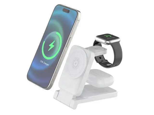 Alt view image 7 of 12 - 3-in-1 Magnetic Wireless Smart Watch Charger for Compatible 15W 10W Fast Charger Portable Travel Charging Stand Dock iPhone White