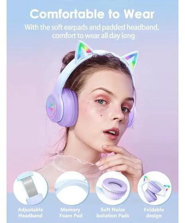 Alt view image 10 of 10 - ONITOON Cat Ear Bluetooth Headphones with Micphone for Kids and Adults, LED Light Up Wireless HI-FI Sound Quality, Over-Ear Headphones with Volume Control for iPhone/iPad/Laptop/PC(55H Pla (FRKIDD3)