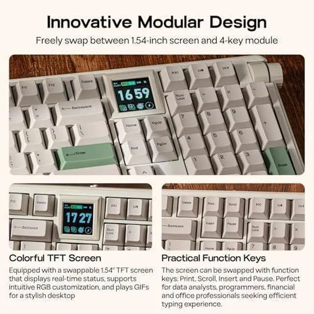 Alt view image 10 of 14 - RT100 PRO Wireless Gaming Keyboard with 1.54" Screen&Knob+Sea Salt V3 Silent Mechanical Keyboard Switches Set