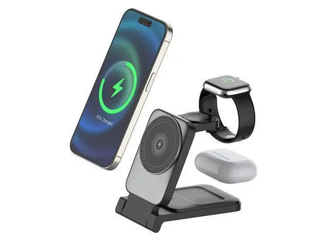 Alt view image 8 of 12 - 3-in-1 Magnetic Wireless Smart Watch Charger for Compatible 15W 10W Fast Charger Portable Travel Charging Stand Dock iPhone White