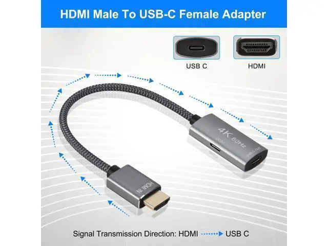 Alt view image 9 of 14 - HDMI Male to USB-C Female Cable Adapter with USB C Power Cable Uni-Directional HDMI (source) to Type C 3.1 (display) Converter 4K 60Hz Thunderbolt 3 Adapter for MacBook Pro Surface Xreal Air