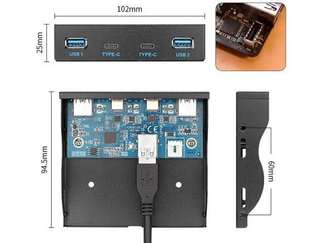 Alt view image 13 of 14 - USB 3.1 Front Panel Header 19Pin to USB-C & USB 3.0 HUB 4 Ports Front Panel Motherboard Cable Compatible for 3.5" Floppy Bay
