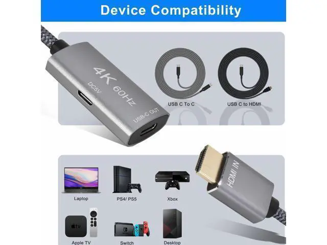 Alt view image 14 of 14 - HDMI Male to USB-C Female Cable Adapter with USB C Power Cable Uni-Directional HDMI (source) to Type C 3.1 (display) Converter 4K 60Hz Thunderbolt 3 Adapter for MacBook Pro Surface Xreal Air