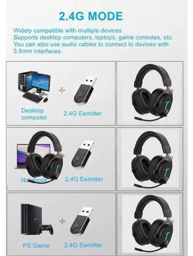 Alt view image 14 of 14 - SAMA G1000 Gaming Headphone 2.4G Bluetooth Wireless Noise Cancelling Surround Sound RGB Headset Detachable Microphone Ear Headphones For PS4 PC XBOX PS5 Black