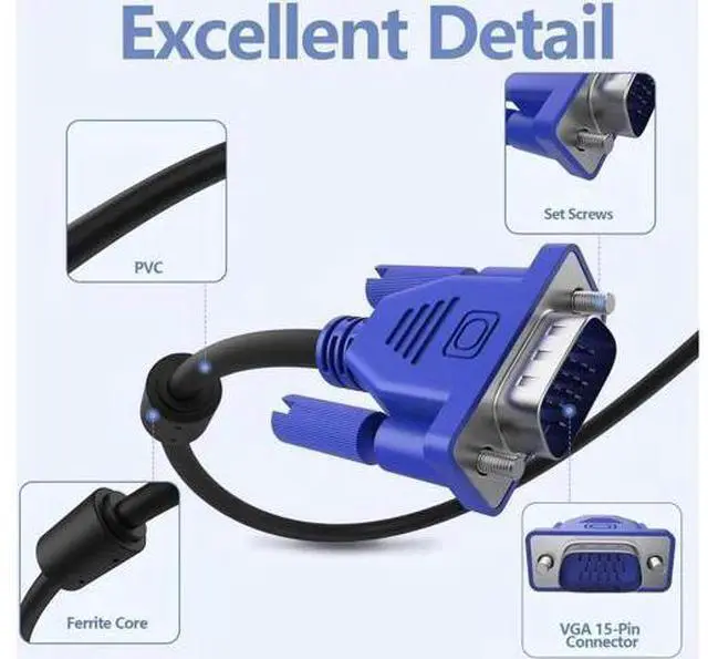 Alt view image 10 of 14 - VGA to VGA Monitor Cable, 15 pin 1080P Full HD Male to Male Cor for Computer PC Laptop to Monitor Screen Projector with VGA Plug Port 49.2 Feet
