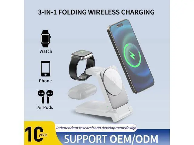 Alt view image 10 of 14 - 3-in-1 Magnetic Wireless Smart Watch Charger for Compatible 15W 10W Fast Charger Portable Travel Charging Stand Dock iPhone