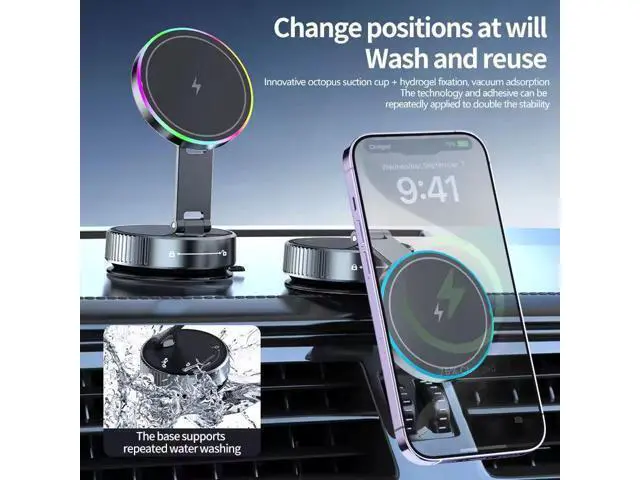 Alt view image 12 of 12 - 15W Fast Wireless Charging Magnetic Phone Mount Flexible and Foldable Navigation Car Mobile Phone Holder