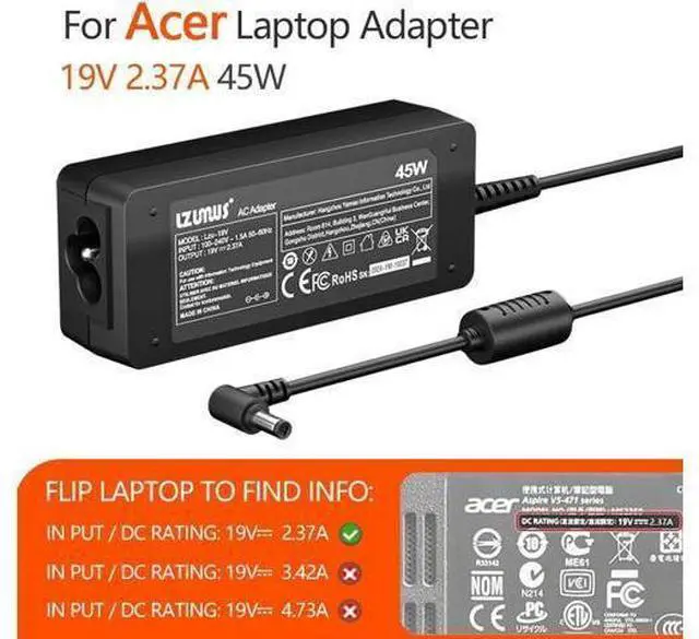 Alt view image 10 of 14 - 45W AC Adapter for Laptop Chanrger 19V 2.37A 3.0x1.1mm Compatible with Chromebook Aspire Swift 1/3 /5 Series Replacement Power Supply Cord