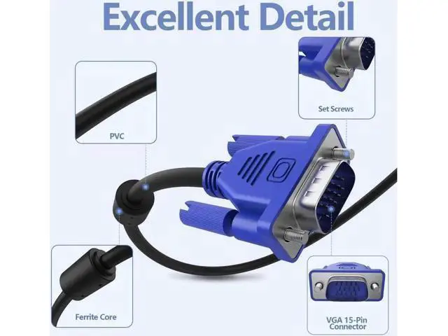 Alt view image 10 of 14 - VGA to VGA Monitor Cable, 15 pin 1080P Full HD Male to Male Cor for Computer PC Laptop to Monitor Screen Projector with VGA Plug Port (33 Feet)