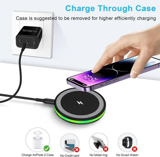 Alt view image 14 of 14 - Wireless Fast Charger Android Phone Charging Pad Wireless Charging Station for Galaxy S25 Ultra S25 Plus S24 S23 S22 S21 S20 S10 iPhone 17 Pro Max Plus 16 15 with QC 3.0 Power Adapter