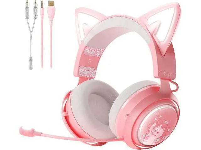 Alt view image 8 of 14 - SOMIC GS510 Gaming Headset, Cat Ear Headset PC Gaming Headphones with Retractable Mic Noise Cancelling, Stereo Sound, DIY Face Covers for PC, PS4, PS5,Xbox One(Only White LED Light)-Pink
