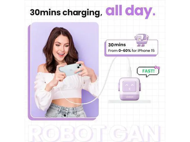 Alt view image 10 of 14 - UGREEN RG 30W USB C Charger, Nexode Robot GaN Fast Charger Block, Compact Wall Charger Power Adapter for iPhone 15 Pro Max/14/13, Galaxy S23 Ultra, Pixel 7 Pro, MacBook Air, iPad Pro (Purple)