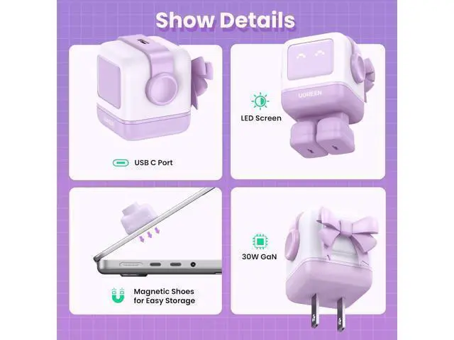 Alt view image 11 of 14 - UGREEN RG 30W USB C Charger, Nexode Robot GaN Fast Charger Block, Compact Wall Charger Power Adapter for iPhone 15 Pro Max/14/13, Galaxy S23 Ultra, Pixel 7 Pro, MacBook Air, iPad Pro (Purple)