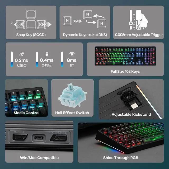 Alt view image 10 of 14 - HE108 Wireless Gaming Keyboard+NEX Pro Wireless Gaming Mouse with RGB Charging Dock