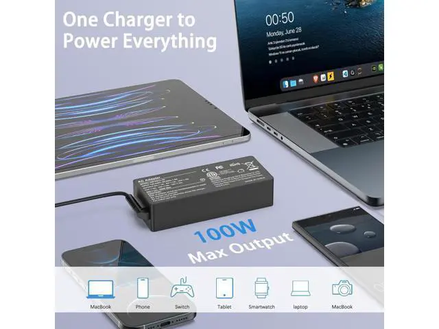 Alt view image 13 of 14 - 100W USB C Laptop Charger Universal Power Adapter Compatible with Mac Book Pro/Air 16 15 14 13 Inch and More Chromebook Type C Power Cord
