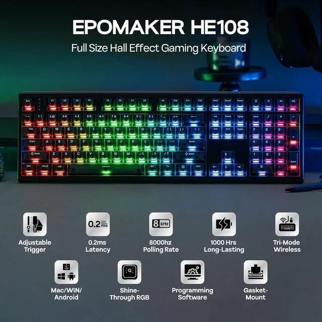 Alt view image 9 of 14 - HE108 Wireless Gaming Keyboard+NEX Pro Wireless Gaming Mouse with RGB Charging Dock