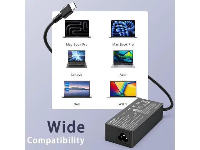 Alt view image 12 of 14 - 100W USB C Laptop Charger Universal Power Adapter Compatible with Mac Book Pro/Air 16 15 14 13 Inch and More Chromebook Type C Power Cord