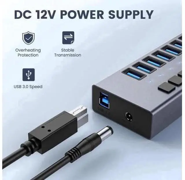 Alt view image 12 of 14 - Powered USB Hub, 7-Port USB 3.0 Hub with 5Gbps 7 USB 3.0 Ports, Individual Switches and 12V3A Power Adapter, Aluminum USB Port Expander for Laptop/PC