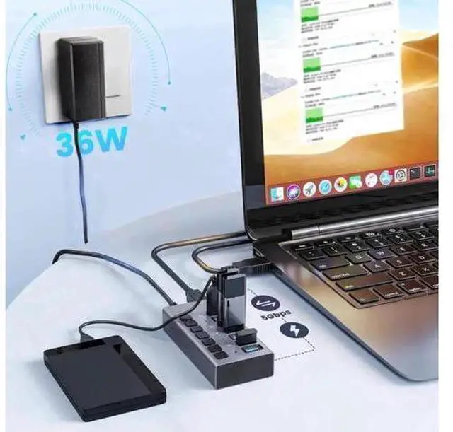 Alt view image 13 of 14 - Powered USB Hub, 7-Port USB 3.0 Hub with 5Gbps 7 USB 3.0 Ports, Individual Switches and 12V3A Power Adapter, Aluminum USB Port Expander for Laptop/PC