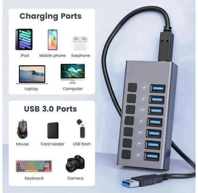 Alt view image 14 of 14 - Powered USB Hub, 7-Port USB 3.0 Hub with 5Gbps 7 USB 3.0 Ports, Individual Switches and 12V3A Power Adapter, Aluminum USB Port Expander for Laptop/PC